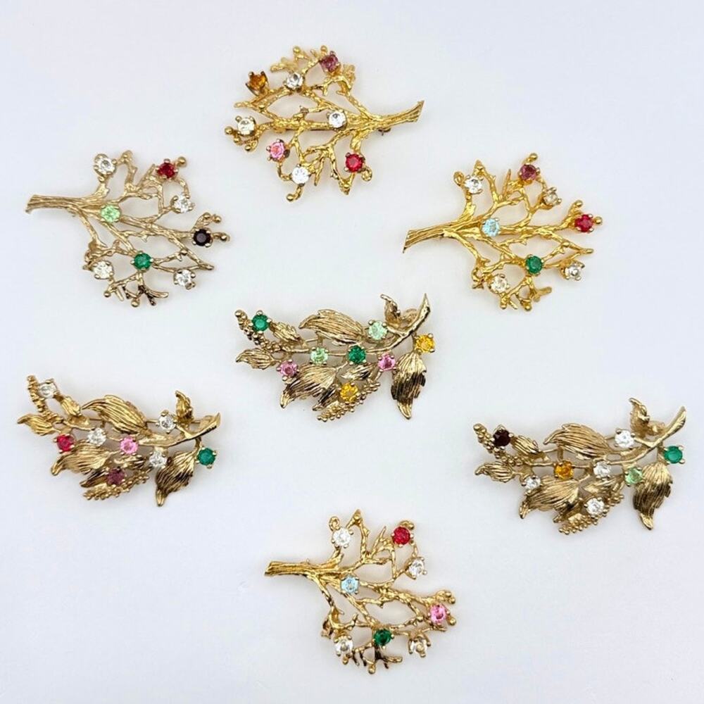 Lot of 7 Tree of Life Floral Branch Brooches Multicolor Crystal Gold Tone Vtg